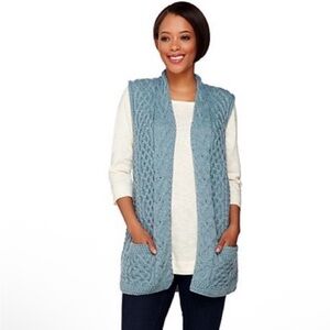 KILRONAN Knitwear Women's M 100% Merino Wool BLUE Cable Cardigan Sweater Vest